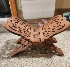 Vintage Hand Carved Wooden Folding Book Holder Bible Stand Display Scroll