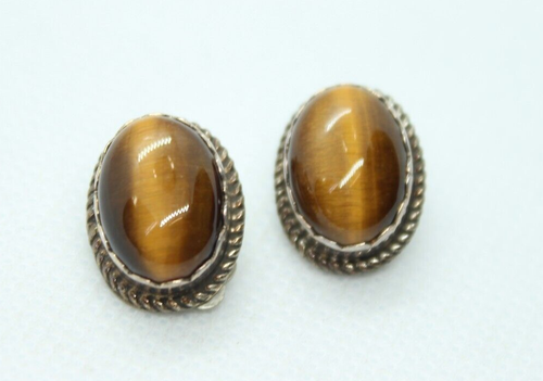 Vintage RRT Tigers Eye Sterling Silver Clip Earrings 925 chatoyant 7 Grams