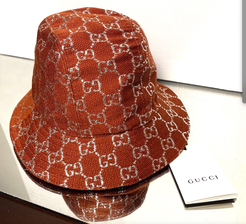 GUCCI Rust Brown PALE GOLD GG LOGO LAME Wool Blend BUCKET