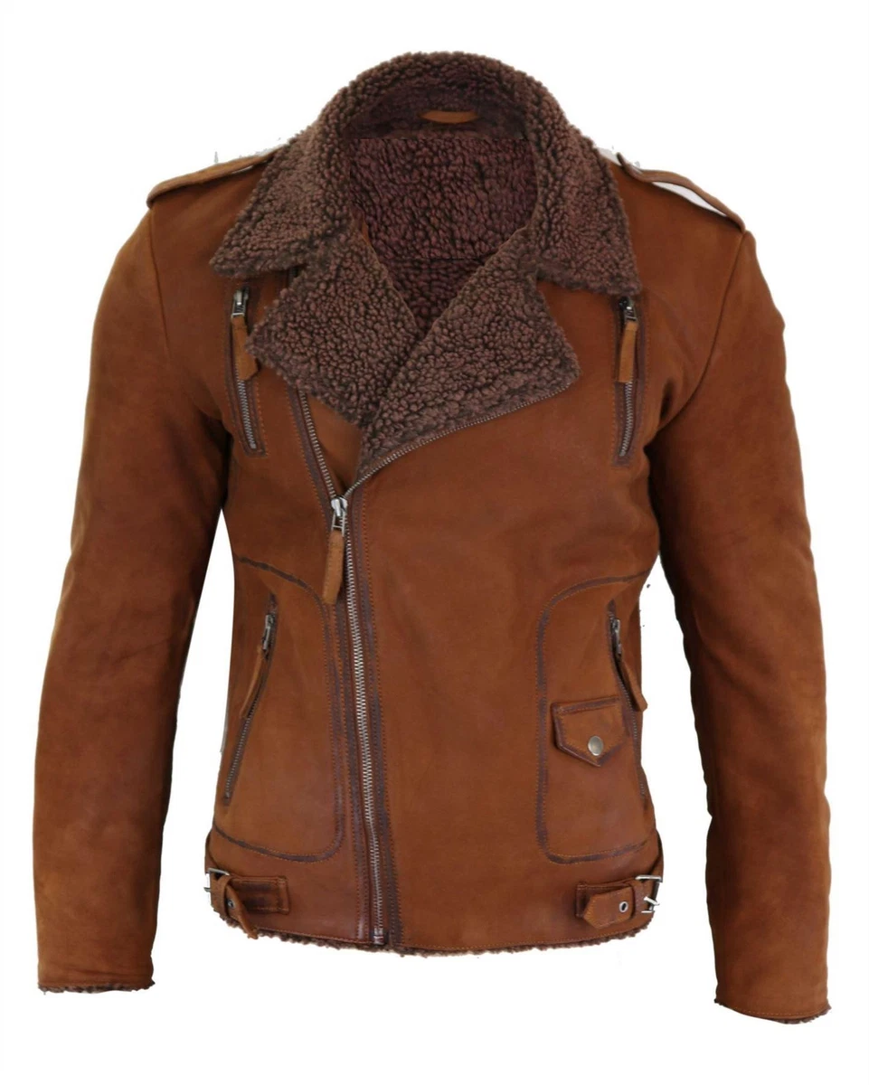 Mens Black Brown Cross Zip Real Leather Biker Jacket Fleece Lined Fitted Smart