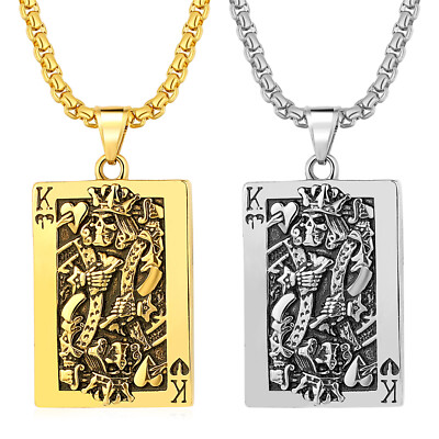 Gothic Mens Skull King Poker Card Pendant Necklace Stainless Steel Wheat Chain