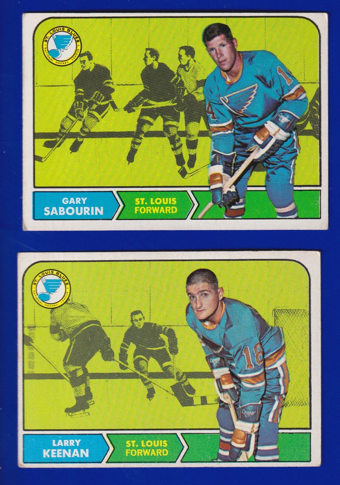 2 BLUES LOT 1968-69 TOPPS #117 115 GARY SABOURIN RC LARRY KEENAN VGEX NO CREASES