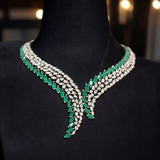 Magnificent 16.51 Cts Round Brilliant Cut Diamonds Emeralds Necklace in 14K Gold