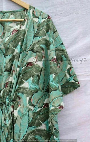 Indisch grün lang Blattmuster Baumwolle Hippie Maxi Damen Nachtwäsche Kaftan Kleid - Bild 3 von 7