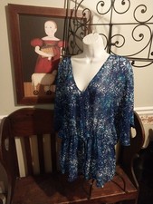 A.N.A V-NECK BLOUSE PULLOVER TOP BLUE GEOMETRIC WASHABLE SHIRT XL