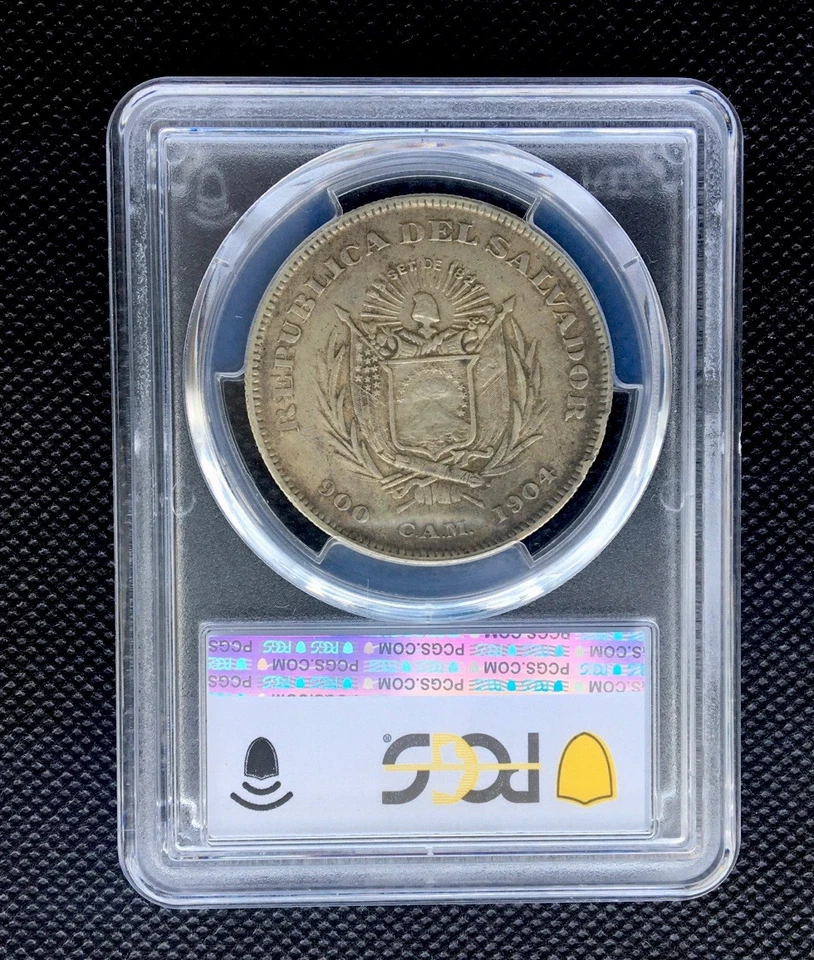 Busto CAM 1904 1 Peso El Salvador Plata PCGS AU 50 S  Foto 3 de 3