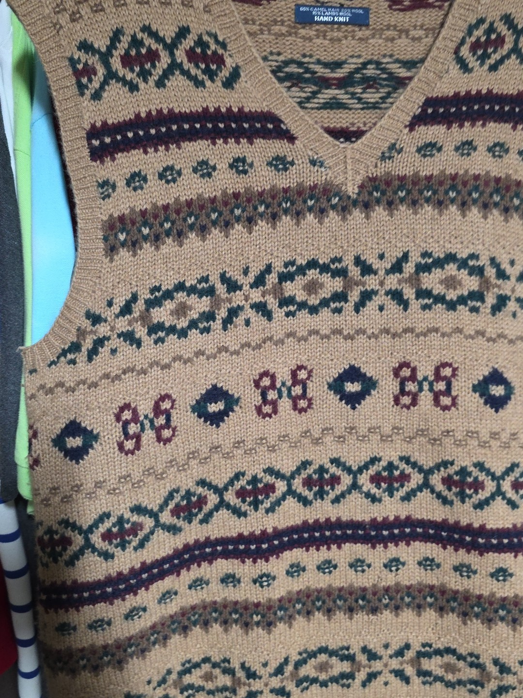Ralph Lauren Gent’s Size Large Wool-Camel Hair Fair Isle VEST Hand Knit Khaki image 4