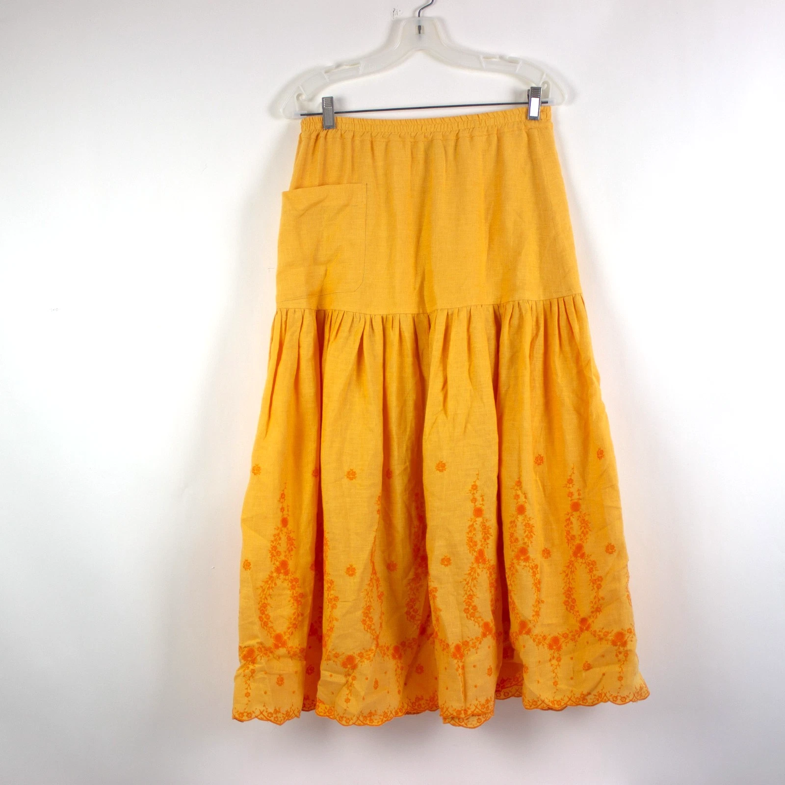 Eskandar Womens 100 % Linen Maxi Skirt Sz 0 Elastic Waist Embroidered Pocket
