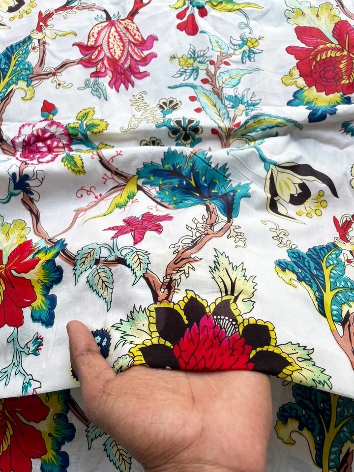 5 Yard Indian Cotton Handmade Print Fabric Sanganeri Hand Block Printed Fabric - Image 2 of 3