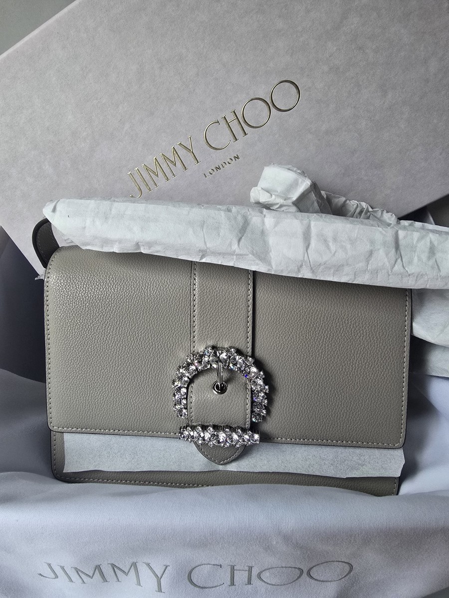 Jimmy Choo Cheri XB/M Crossbody Handbag Taupe Gray Leather Jeweled