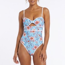 Cupshe Womens Blue Floral Cutout Tummy Control One Piece Swimsuit Size M NWT