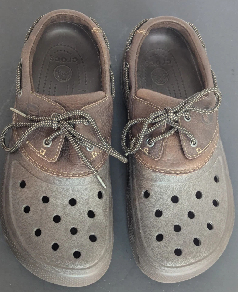 Crocs Brown Leather Islander Pitcrew Sport Boat Shoe Clog Outdoor Mens Size 12 - Image 4 of 4