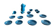Miniature Dollhouse Enamelware Blue Spatterware Set Of 15 Pieces.