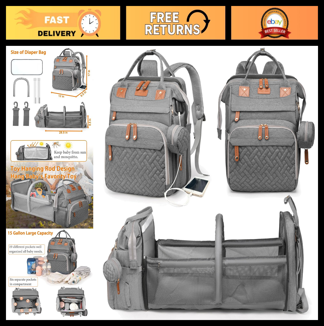 Bag Backpack With Changing Station & Usb Port, Large Capa
