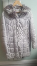Designer Betty Barclay Puffer Down & Feather Coat Size 14 Silver Faux Fur Collar