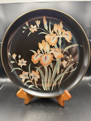 Japanese Decorative Plate Black And Gold Trim  Iris Flowers 10  Ceramic EUC
