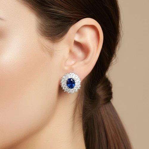 Exquisite Vivid Blue Sapphire 7.85Ct 925 Sterling Silver White Gold Earrings