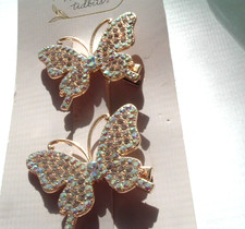 New Pair Golden Butterfly and Aurora Borealis Rhinestone Hair Clips