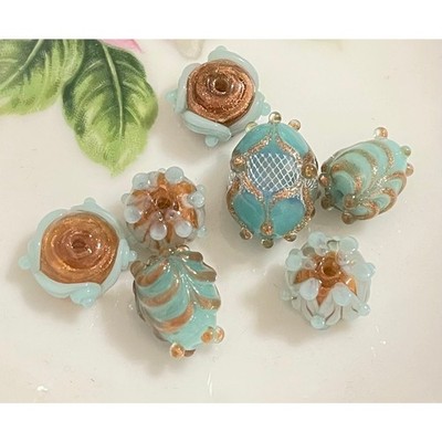 Handmade Lampwork Blue & Gold Iridescent Metallic Mesh 7 Pc. Glass Bead Set