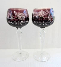 Pair of Bohemian/Czech Amethyst Cut To Clear Hock Wine Glasses 7-5/8"