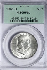 GEM BU 1948-D Franklin Half Dollar PCGS MS65FBL OGH WQLX