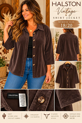 Halston, Halston camicia vintage marrone velluto giacca bottoni davanti colletto manica 3/4 18W