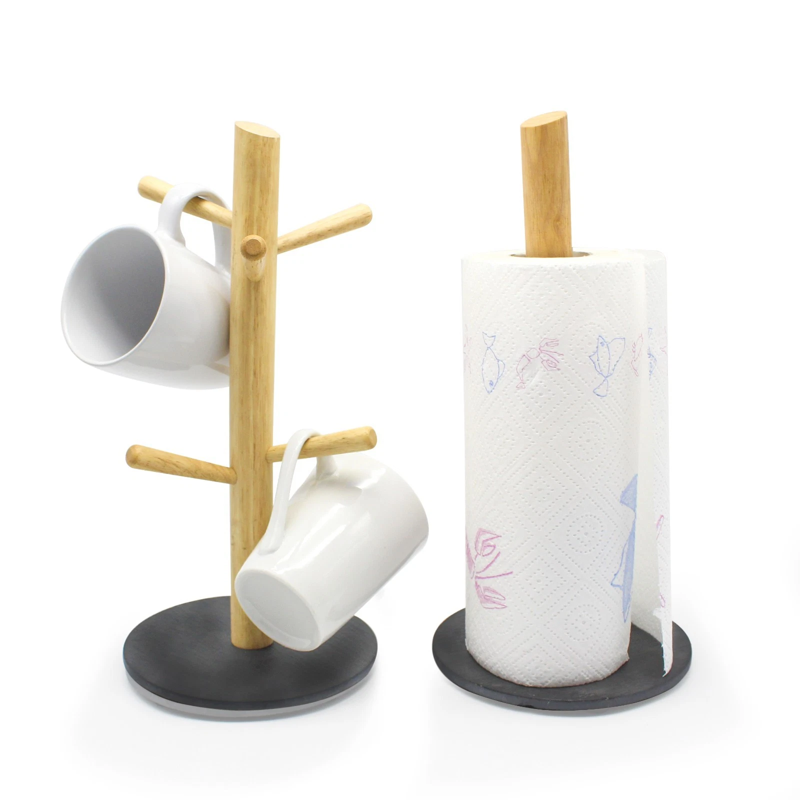 Kitchen Roll and 6 Mug Tree Holder Stand Tissue Paper Cup Rack Counter Organiser