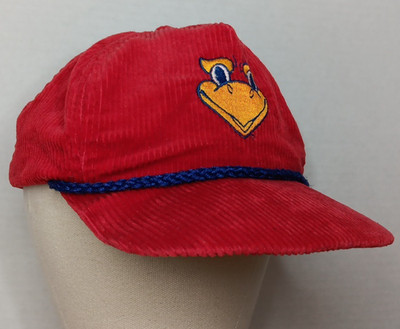 KU Vintage 80 s Ball Hat Cap Red Corduroy Embroidered Jay Hawk USA Made FLAW