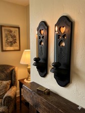 Vintage Burwood Hearts & Tulips Wall Sconces - Black Painted Country Decor 1986