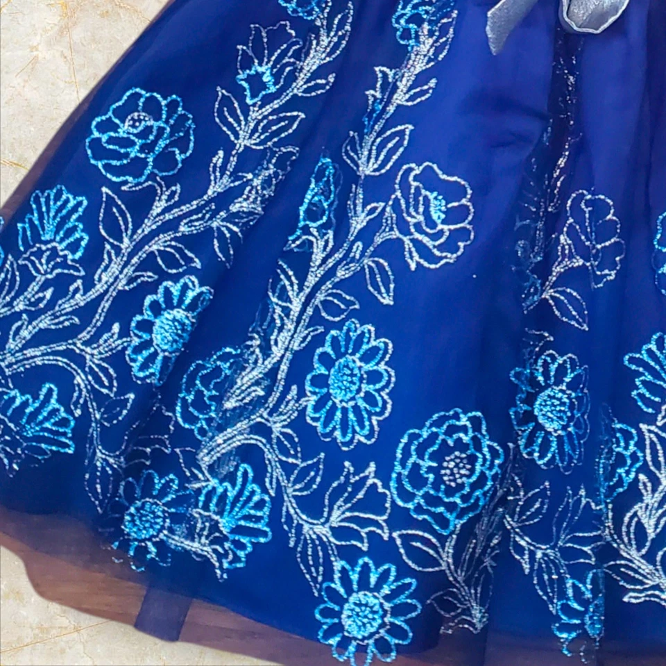 Jona Michelle Blue Silver Sparkle Cap Sleeve Pleated Lined Girls' Dress Size 4T Foto 4 de 4