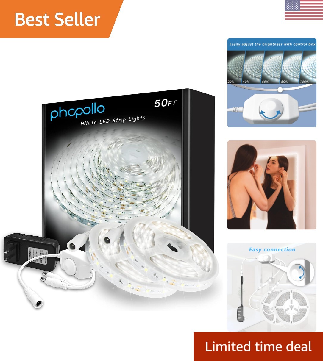 Versatile Dimmable 50ft LED Lights for Bedroom, Kitchen, and Mirror Decoration