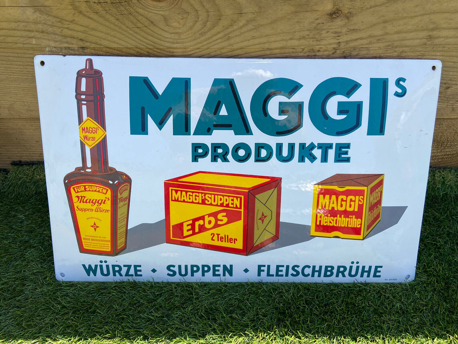 Maggis Produkte Wurze Suppen Fleischbruhe 1970s Enamel Sign Very Good Condition