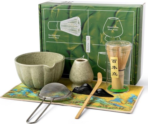 Matcha Whisk Set – 7 Pcs Japanese Matcha Kit, Bowl (Chawan) with Spout, Bamboo