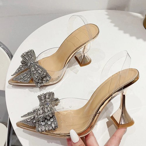 Fashion Crystal Sequined Bowknot Pumps Sexy High Heels Wedding Shoes PVC Sandals