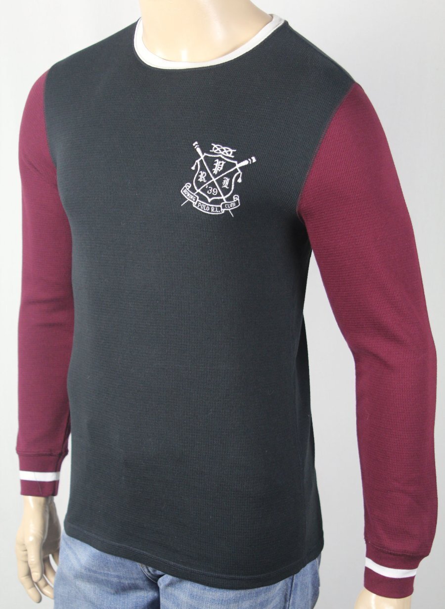 FILA Polo Ralph Lauren camicia da letto termica nera borgogna girocollo con waffle nuova con etichette