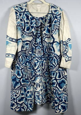 Chicos Blue Beige Cream Artisan Printed Linen Duster Jacket SZ 1  M Open Front