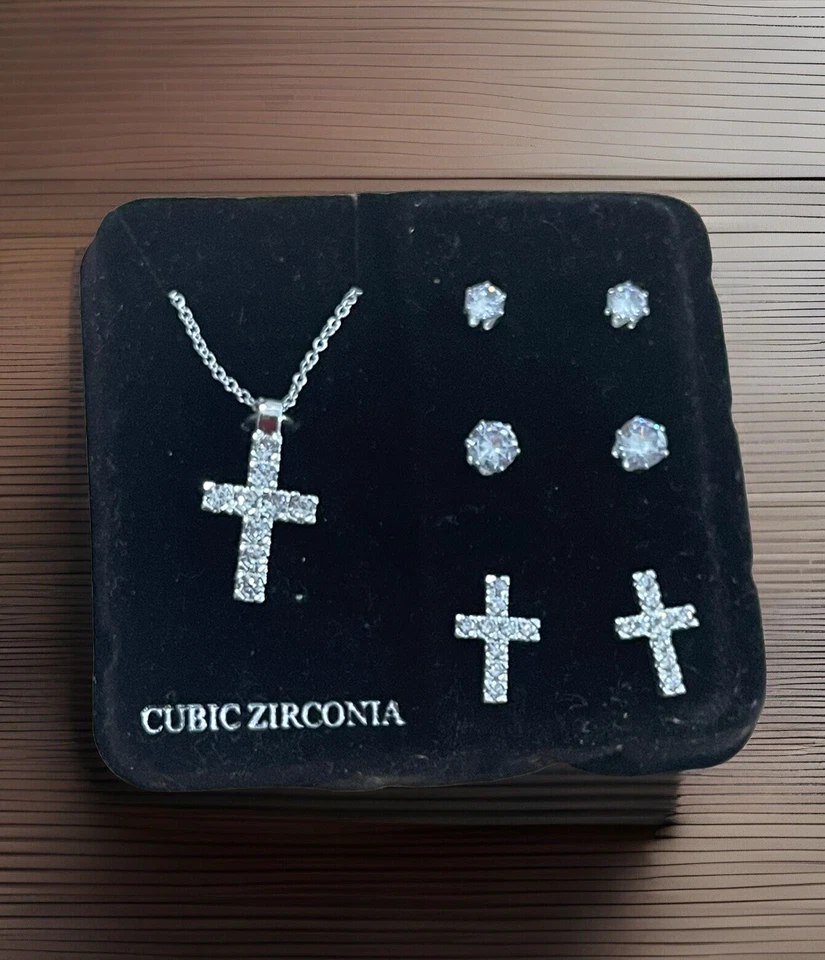 JUEGO DE PENDIENTES COLLAR CRUZ PLATA DANSECRAFT MUJER JOYAS CIRCÓN CÚBICO/Sin caja Foto 2 de 4