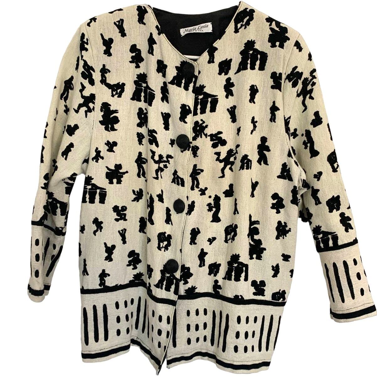 Maria Lasia Folk Print Top Large Black Ivory Jacket Unique Womens Boho Artsy USA