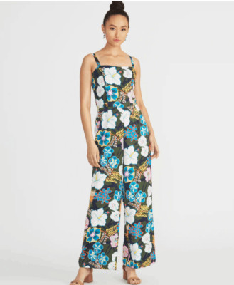 Rachel Roy Zandra Jumpsuit Sleeveless Smocked Zipper Back Black Floral Size 2