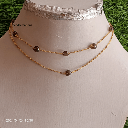 AAA Duble Strand Smokey Quartz Oval Beads 14k Gold Fill Chain Necklace Gifed - Picture 3 of 5