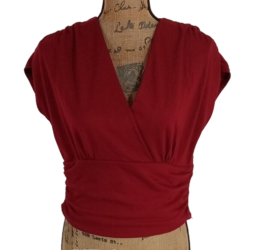 Mary Beasley Red Top V Neck Side Zip Ruched Fitted Gather Cap Sleeve ...