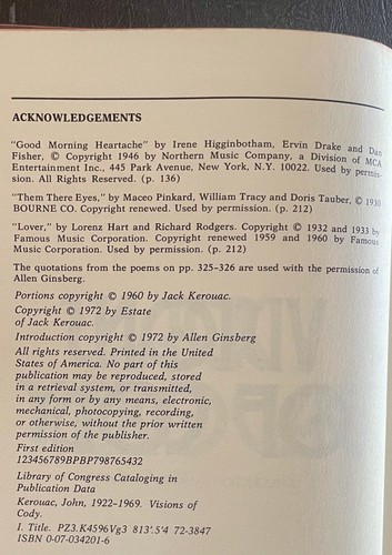 VISIONS OF CODY Jack Kerouac. 1972 1st McGraw Edition w/complete printing #s. - Picture 13 of 21