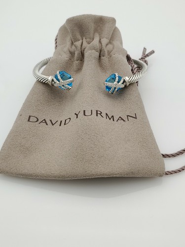 David Yurman Sterling Silver Blue Topaz & Diamond Cable Wrap Bracelet 4mm