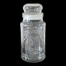 Vintage 1981 75th Anniversary Planters Mr. Peanut Clear Glass Jar Lid Canister