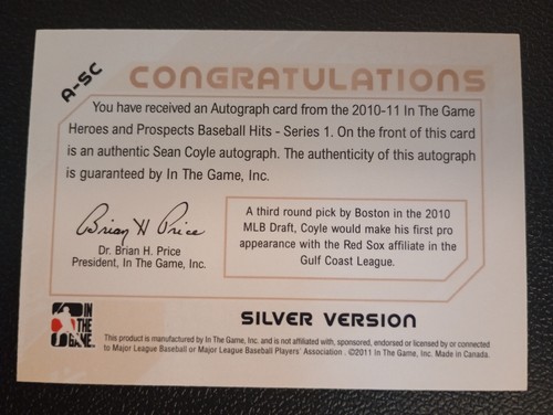 2011 In The Game Sean Coyle AUTOGRAPH Red Sox - Picture 2 of 2