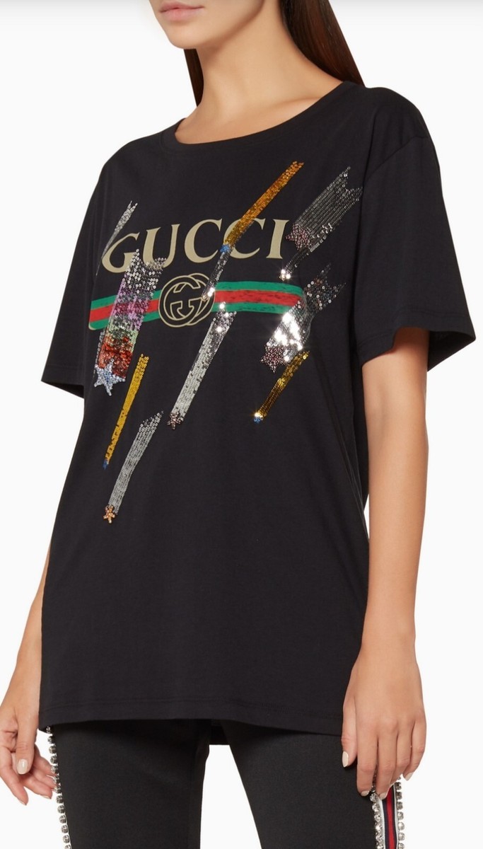 GUCCI Shooting Stars Sequin Embellished Black T-Shirt Top GUCCI Shooting Stars Sequin Embellished Black T-Shirt Top