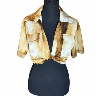 MICAS NWT Satin Crop Top Brown Gold Abstract Print Short Sleeve Blouse S