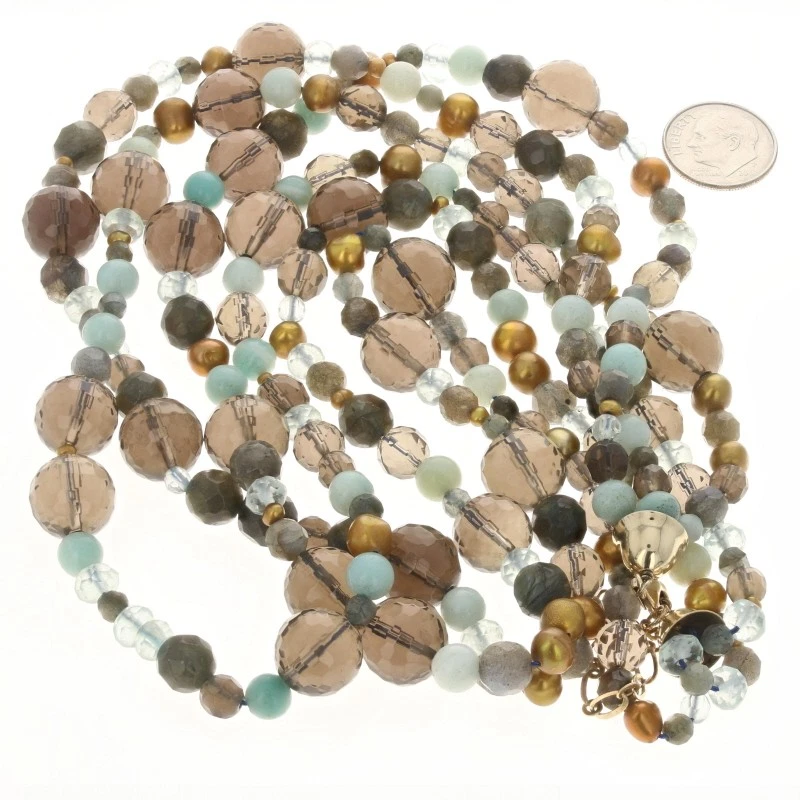 Yellow Gold Labradorite Quartz Pearl Triple Strand Bead Necklace 14k Adjustable - Image 3 of 4