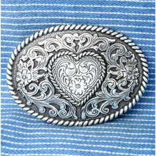 Western Heart Dress Belt Buckle Cowgirl Country Love Floral Scroll Vtg .PCB648