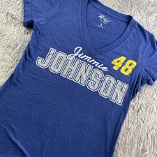 Jimmie Johnson NASCAR Shirt Womens Small Blue White Yellow Racing Car Motorsport
